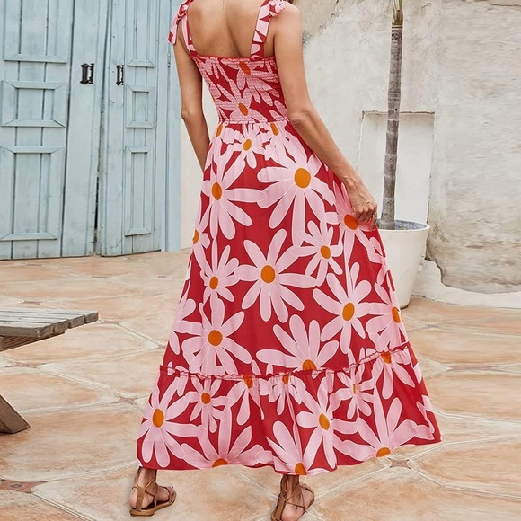 Brand New Infashule Floral Maxi Dress - Red with Pink Daisies - Size Large - Picture 3 of 5